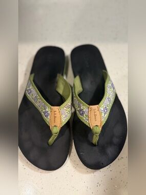 L.L. Bean Black Flip Flops with Green and Purple Floral Straps